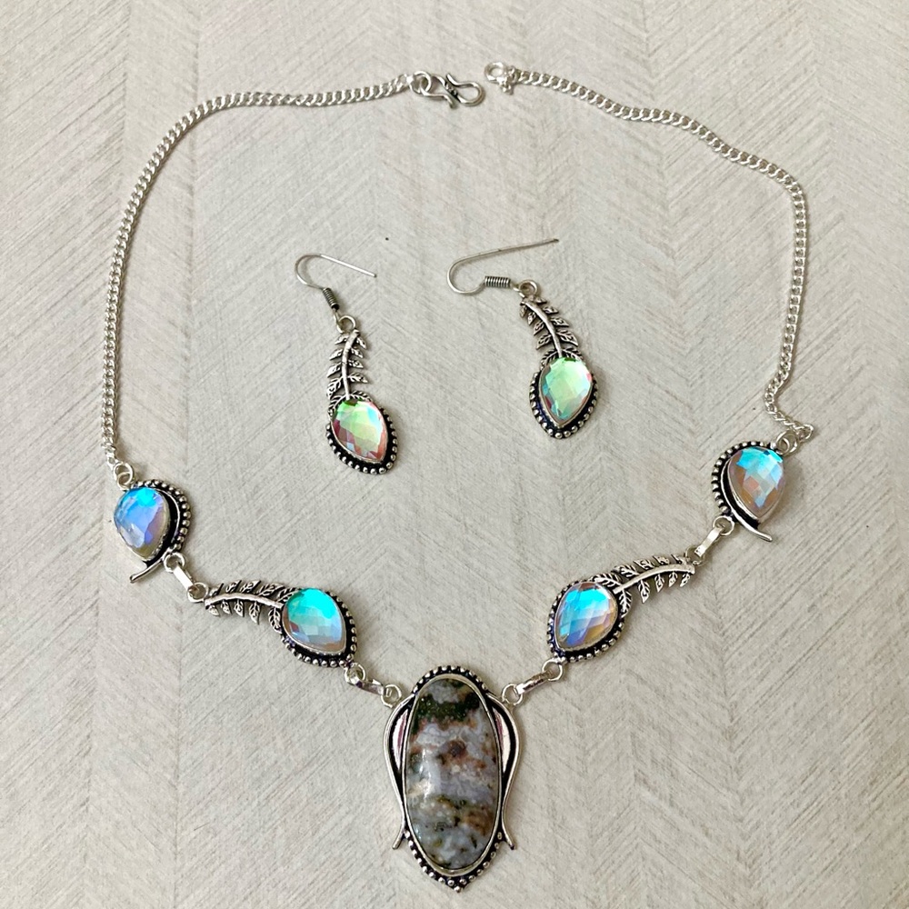 Ocean jasper iridescent opalite stones boho leaf design set necklace + earrings - Picture 3 of 16